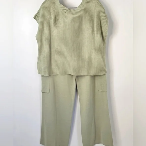 Sincerely Jules Sage Knit Set Wide Leg Pant wCargo Pockets Ribbed Sleeveless Top - Picture 10 of 12